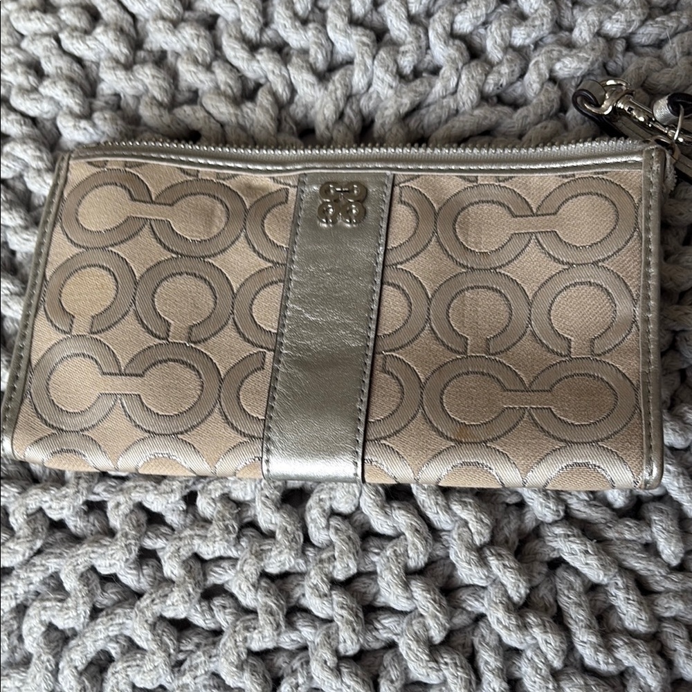 Coach Silver and Beige Patterned Wristlet